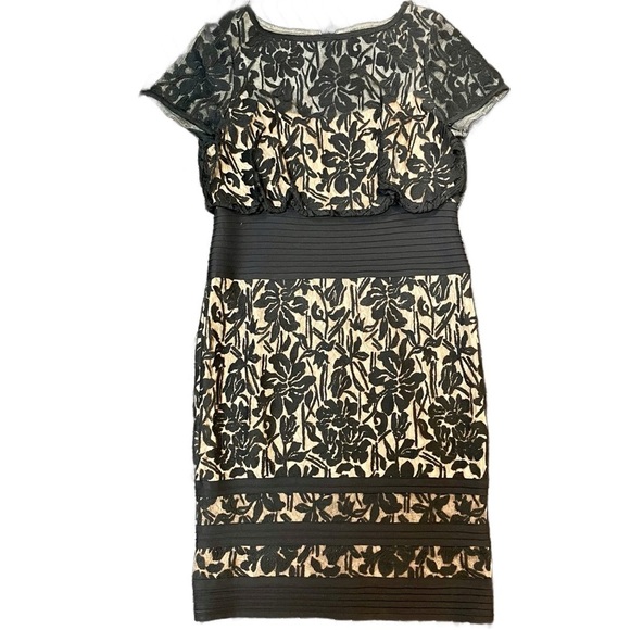 Tadashi Shoji Black Lace Sheer Illusion Short Sleeve Cocktail Evening Dress 12 P - Picture 1 of 7